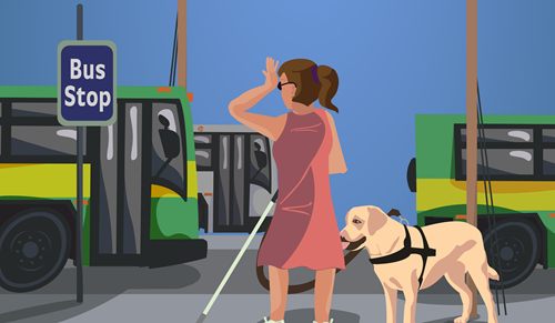 person with visual impairment waiting for a bus